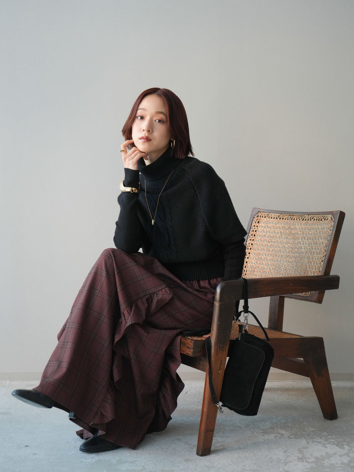 [予約]ケーブル編みタートルハーフスリーブニットアンサンブル/black