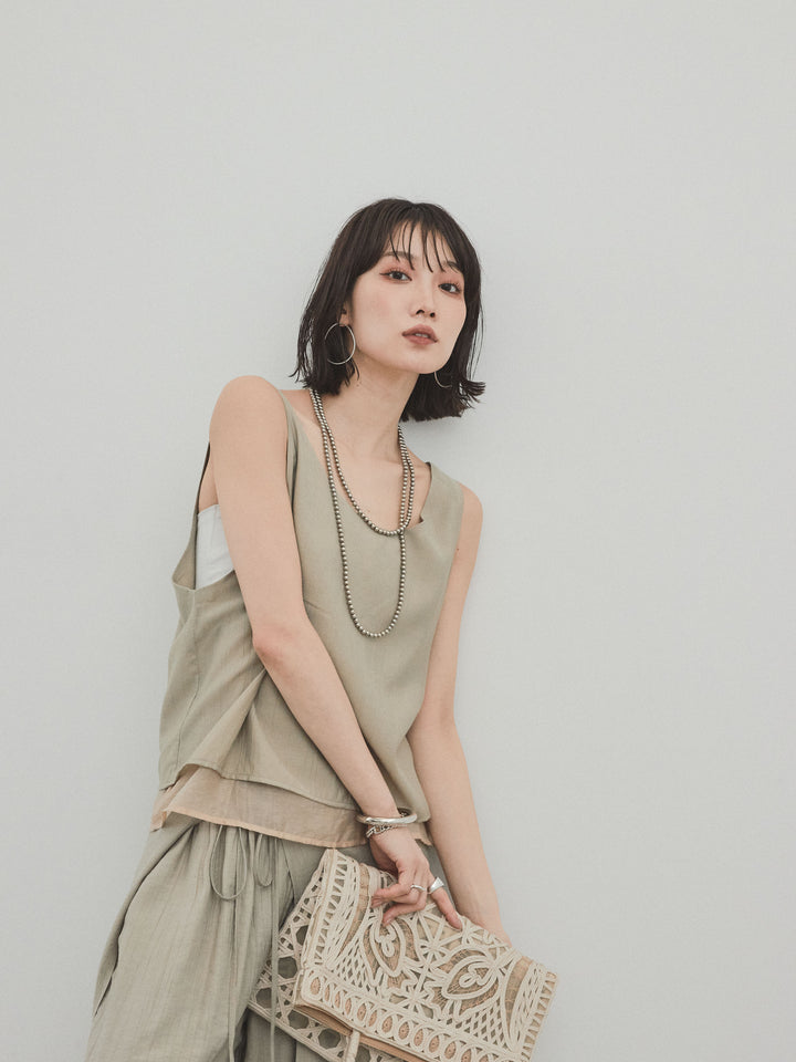 [SET] 洗衣機緞面透明層疊背心 + 洗衣機緞層疊裙褲 (2set)