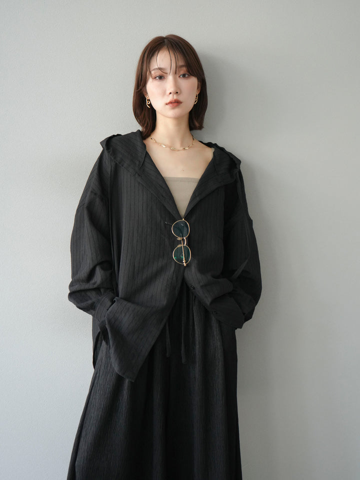 [予約]ワッシャーストライプフーディーシャツ/ブラック