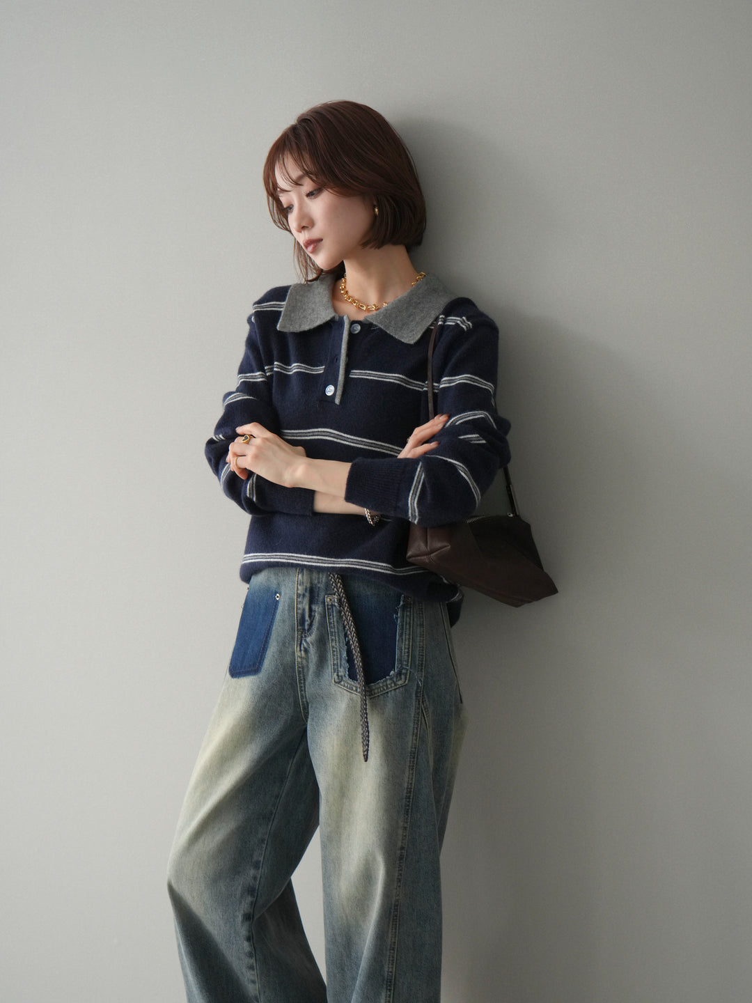 [予約]バイカラーボーダーポロニットプルオーバー/navy