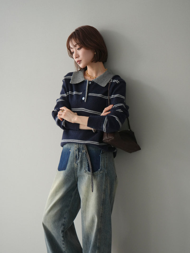 [予約]バイカラーボーダーポロニットプルオーバー/navy