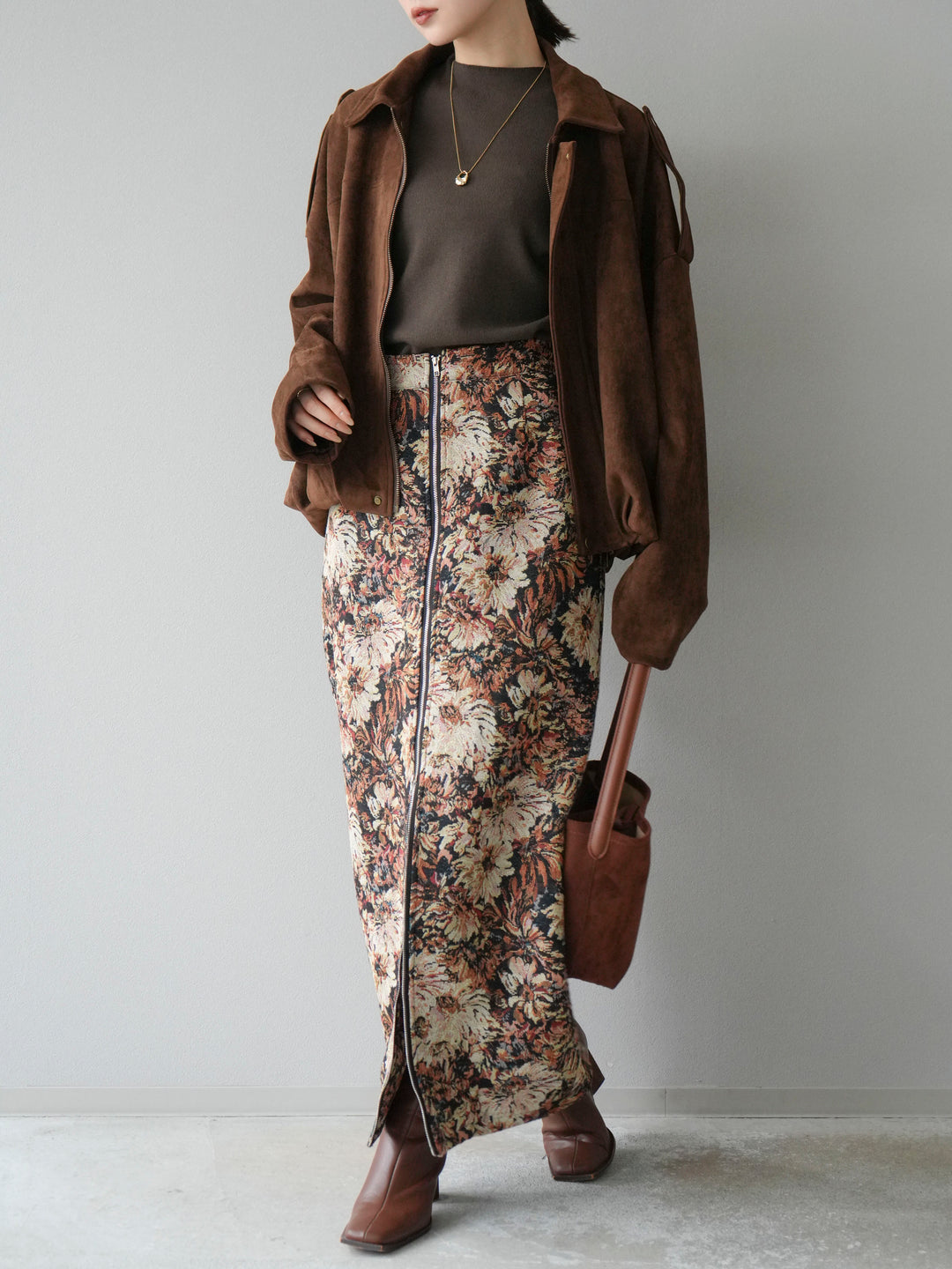 [SET]スウェードオーバーブルゾン+ゴブランフロントジップタイトスカート(2set)