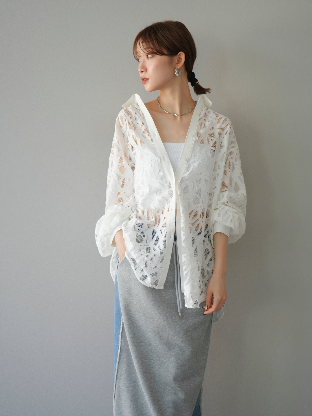 [SET]コードレースオーバーシャツ+デニムドッキングスウェットスカート(2set)