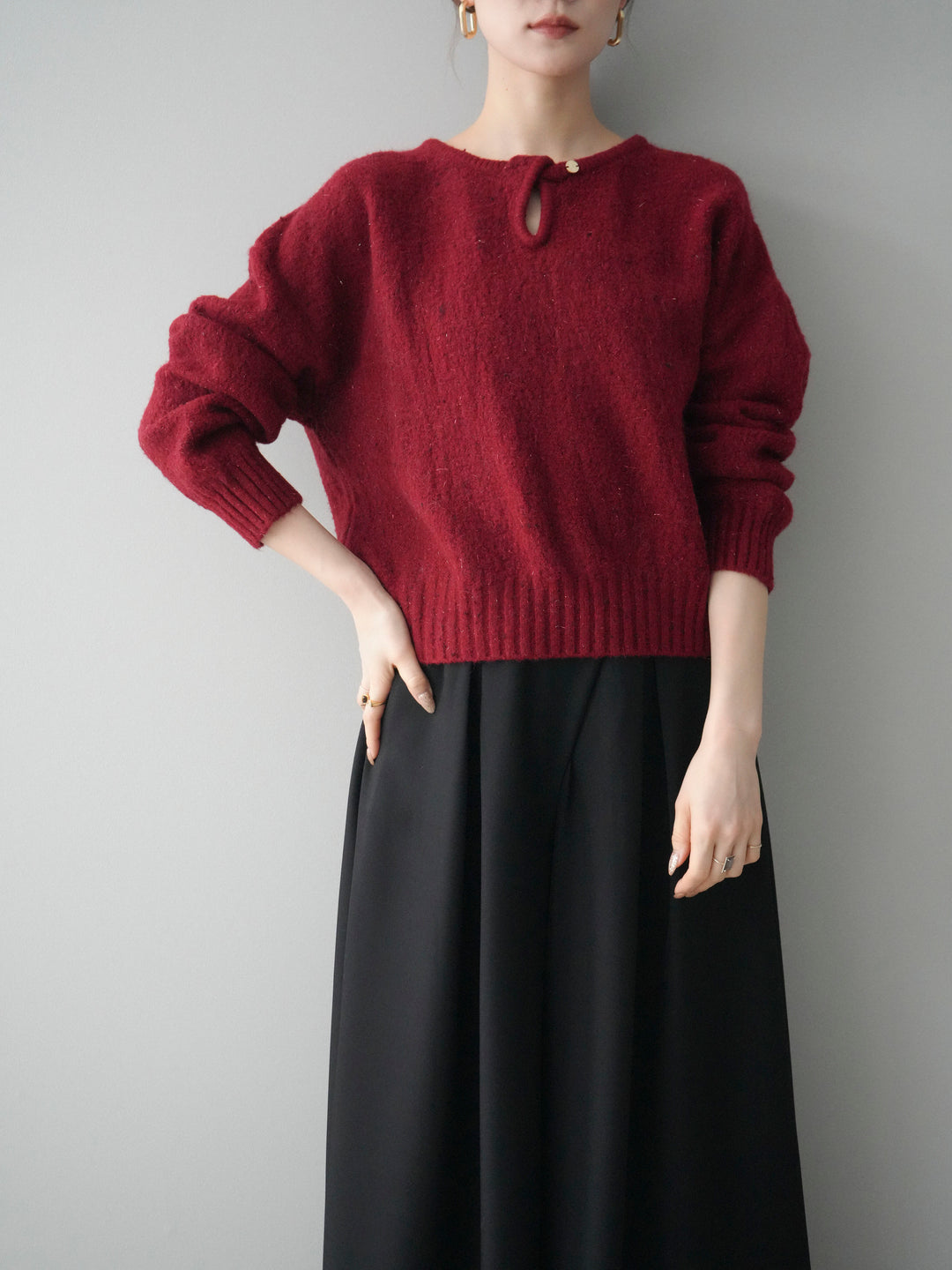 [予約]ツイストネックラメネップヤーンニットプルオーバー/red