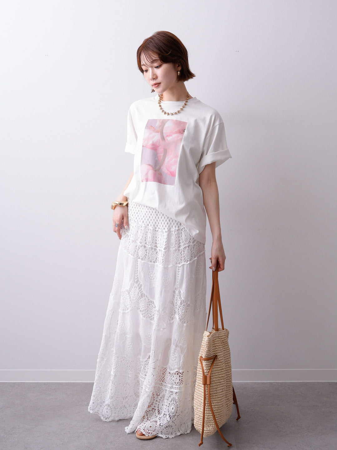 [SET]ニュアンスフローラルフォトTEE+クロシェマキシスカート(2set)