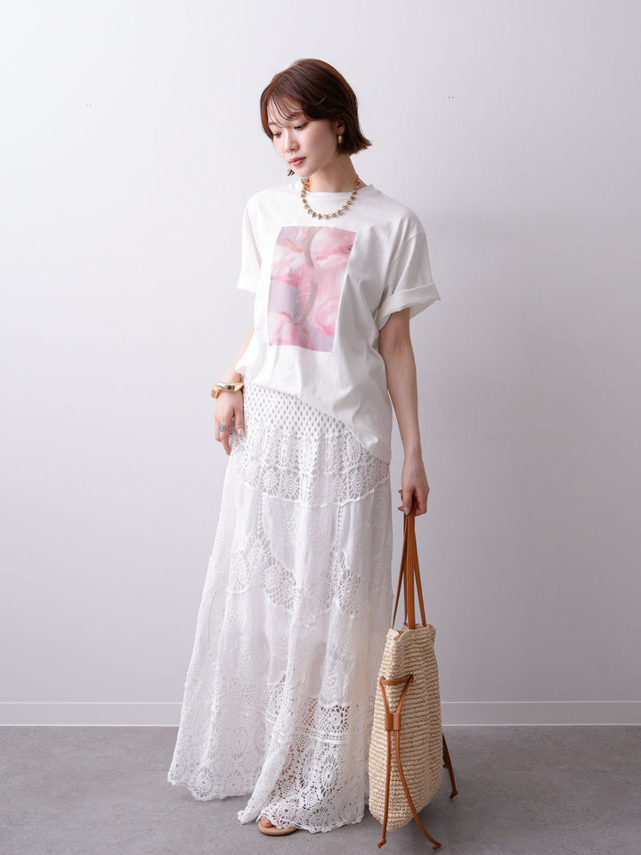 [SET]ニュアンスフローラルフォトTEE+クロシェマキシスカート(2set)