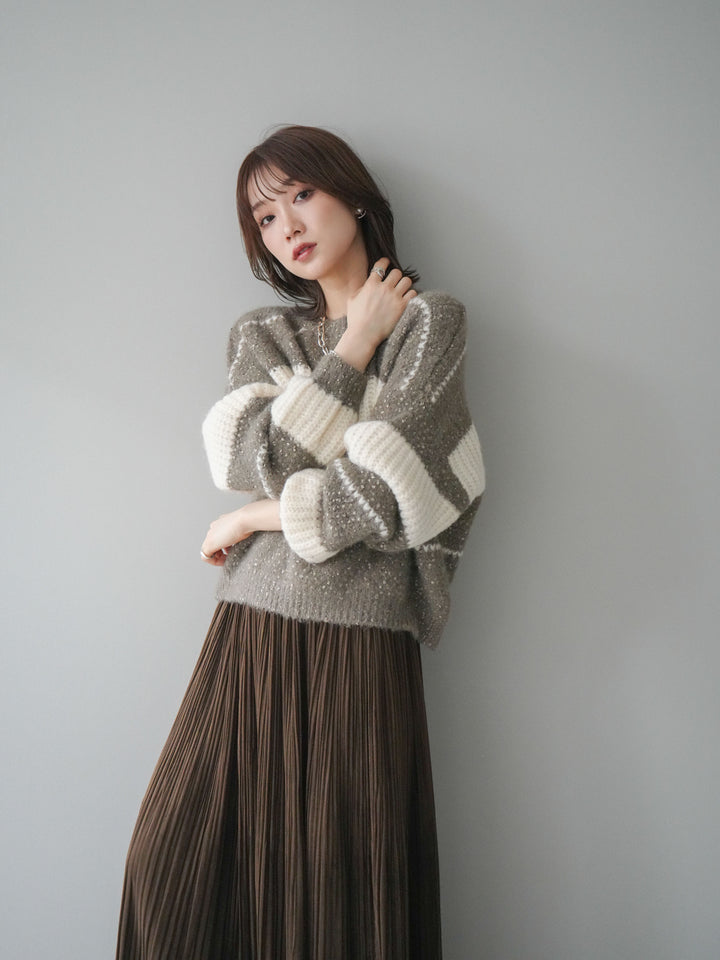 [SET]ネップヤーンボーダーニットプルオーバー+パンチングデザインスエードプリーツスカート(2set)