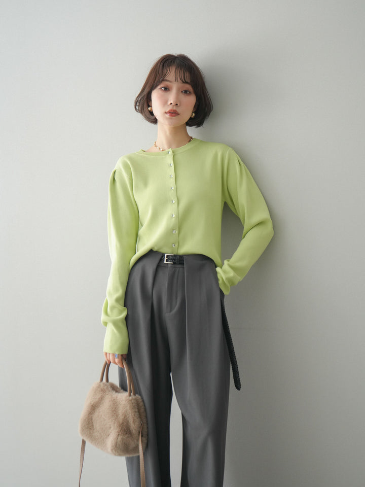 [SET]クリアボタンタックニットカーディガン+ベルトループデザインワイドパンツ(2set)