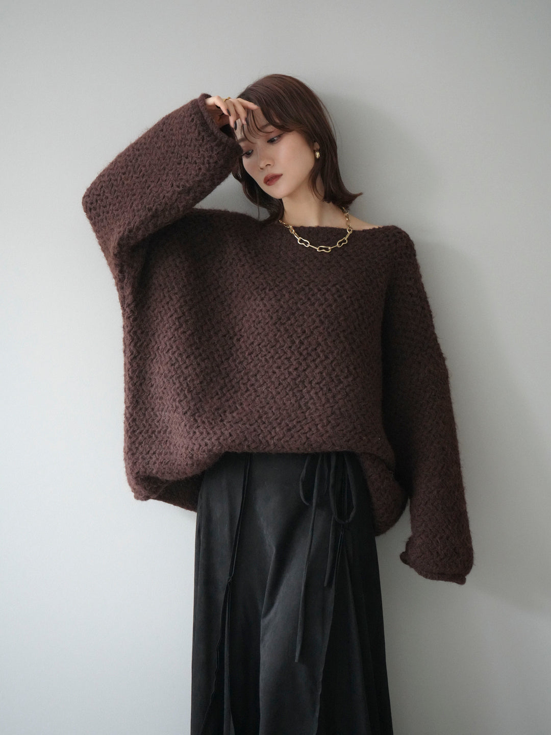 [予約]ワッフル編みオーバーニットプルオーバー/brown