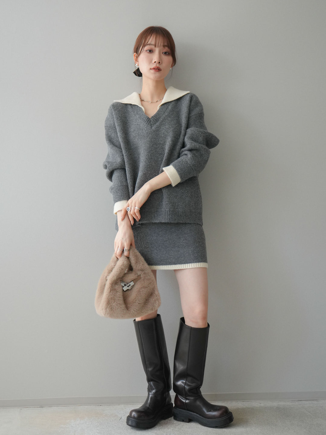 [SET]配色襟ニット＆ミニスカートSET UP+配色襟ニット＆ミニスカートSET UP(2set)