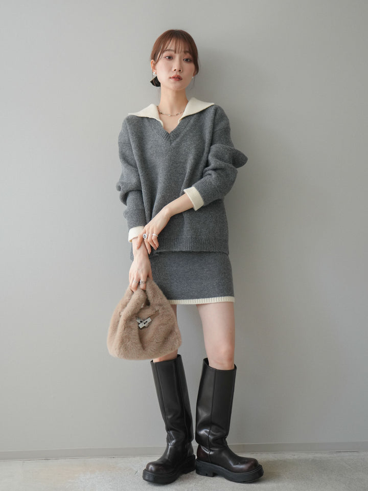 [SET]配色襟ニット＆ミニスカートSET UP+配色襟ニット＆ミニスカートSET UP(2set)