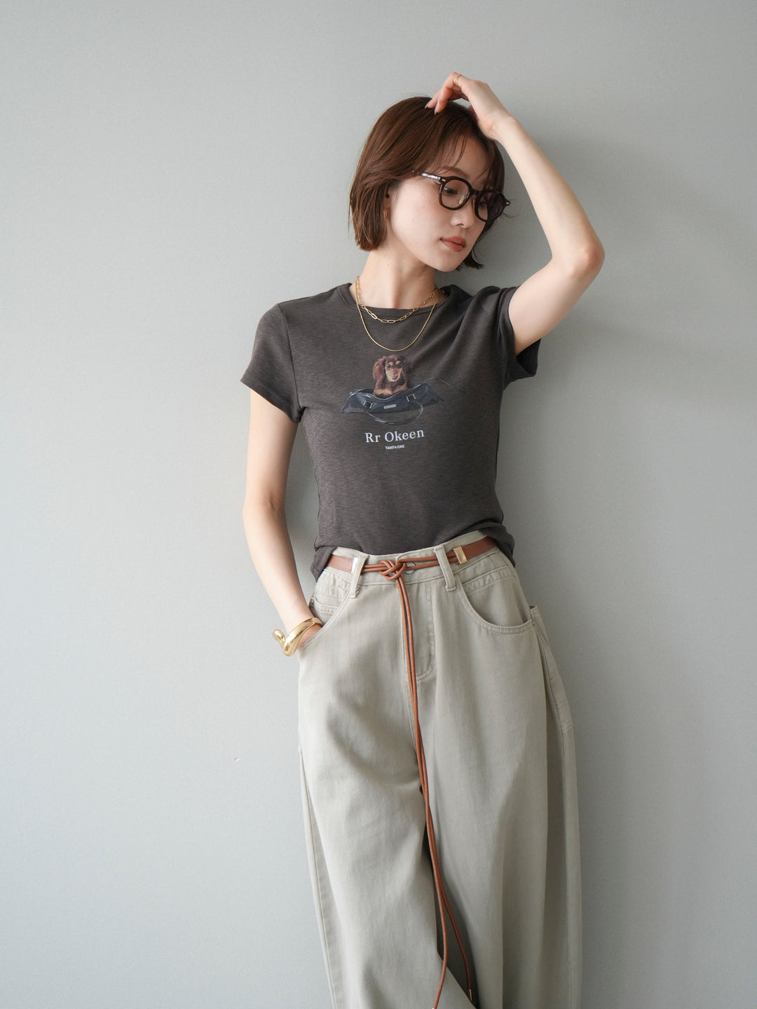 [SET]ドッグコンパクトTEE+ベルト付ボリュームデザインデニム(2set)