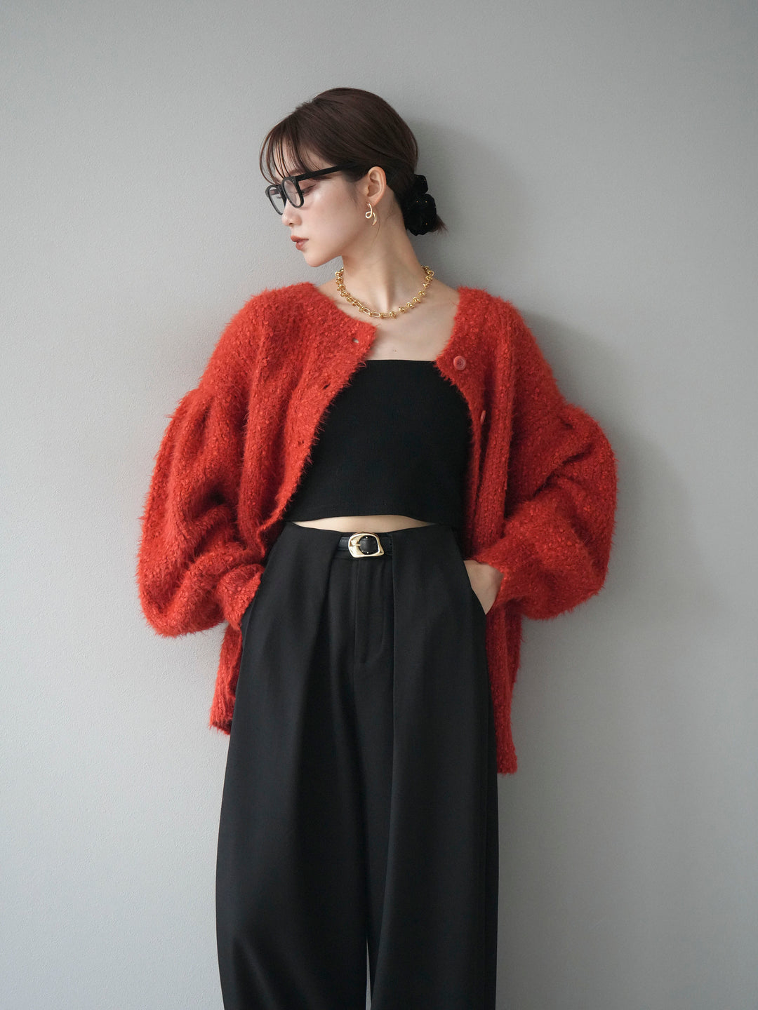 [SET]クルーネックランダムシャギーカーディガン+ベルトループデザインワイドパンツ(2set)