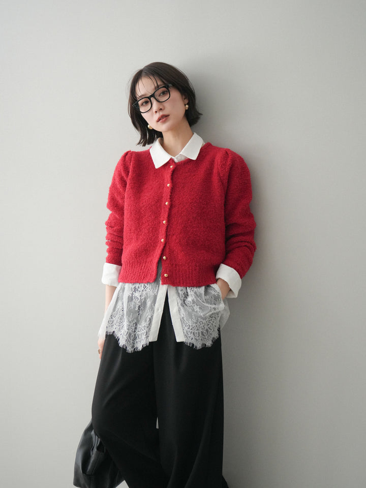 [SET]ゴールドボタンブークレニットカーディガン+総レースボリュームスリーブシャツ(2set)