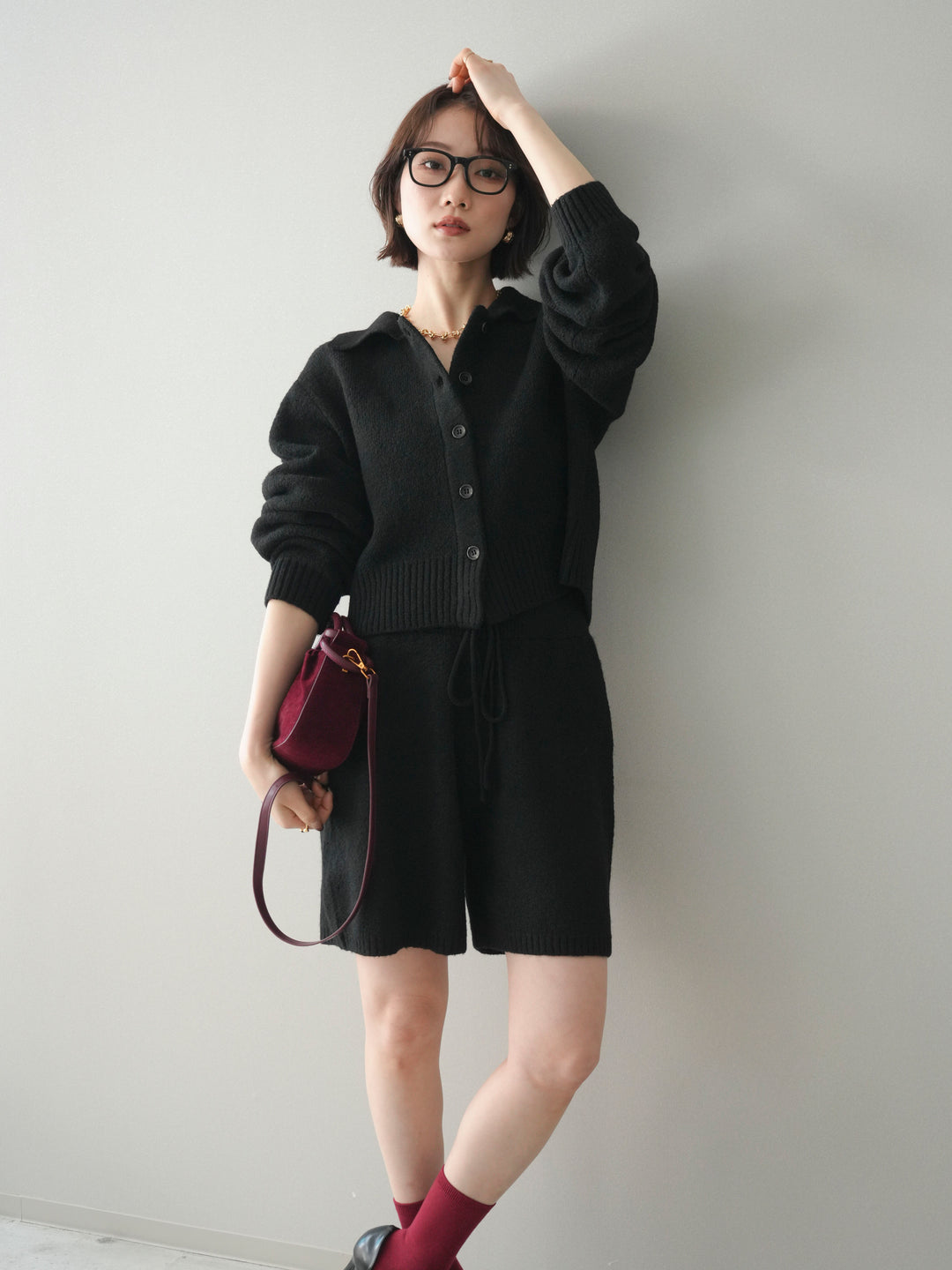 [予約]メランジニット襟付きクロップドカーディガン/black