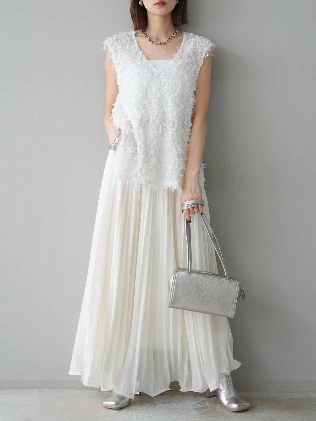 [予約]シフォンプリーツパイピングスカート/アイボリー