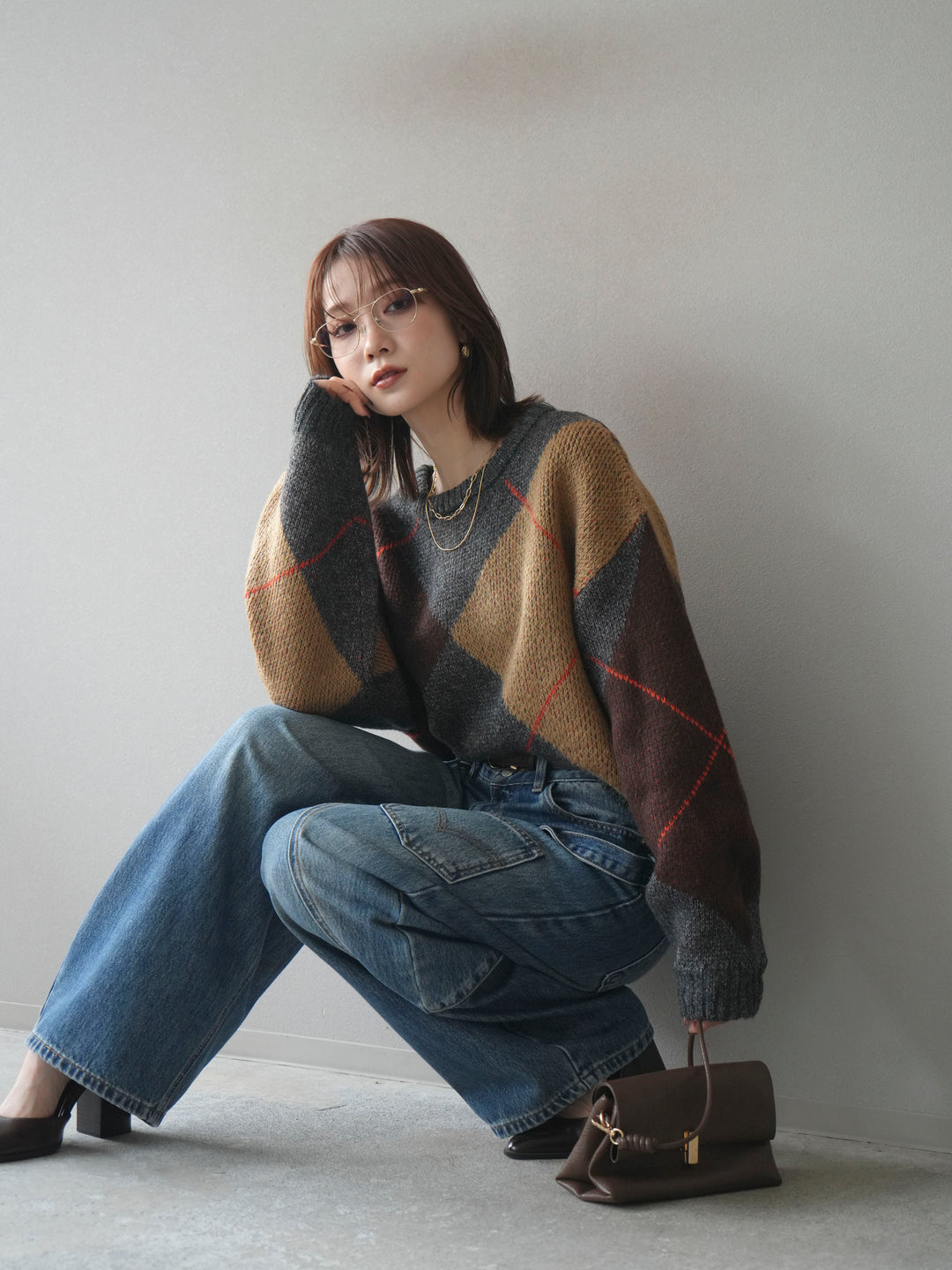 [予約]配色ステッチアーガイル柄ニットプルオーバー/charcoal