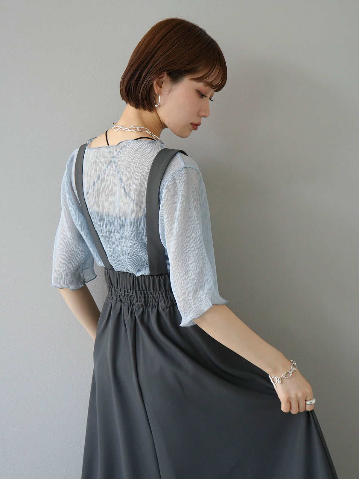 予約]楊柳シアーメローハーフスリーブトップス/スカイブルー – Lumier