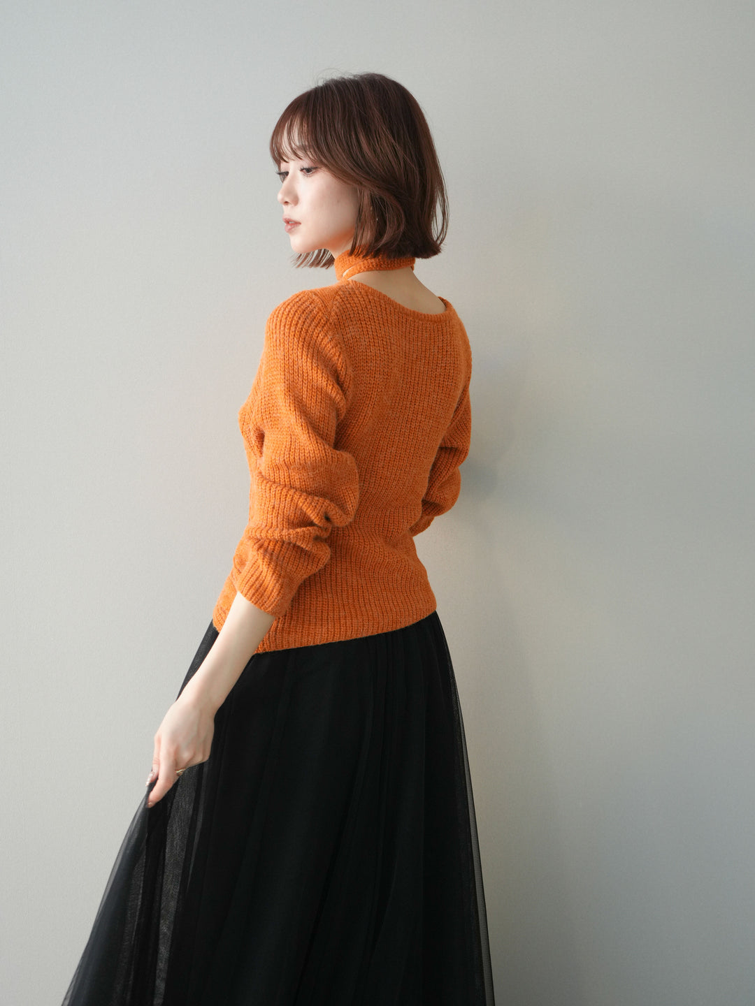 [予約]ケーブル編みクロスニットトップス/orange