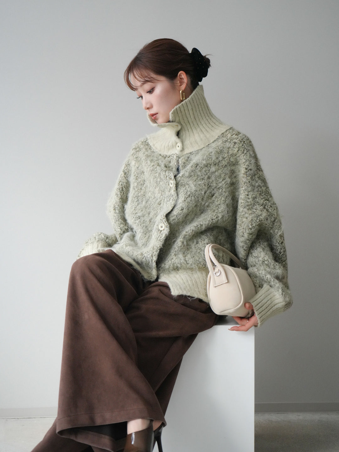 [予約]リブ切替メランジニットカーディガン/green