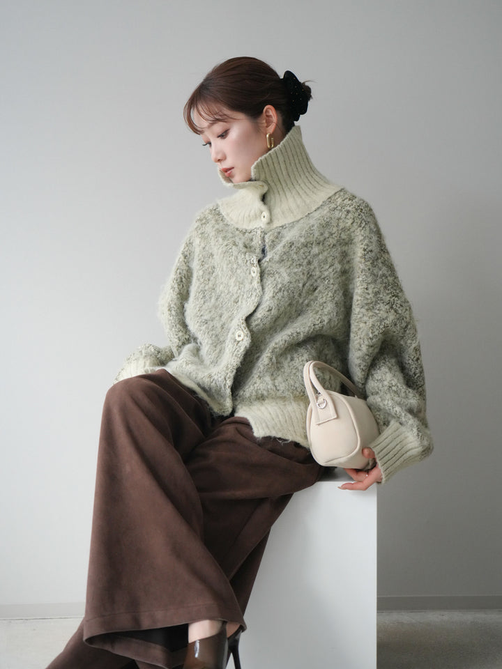 [予約]リブ切替メランジニットカーディガン/green