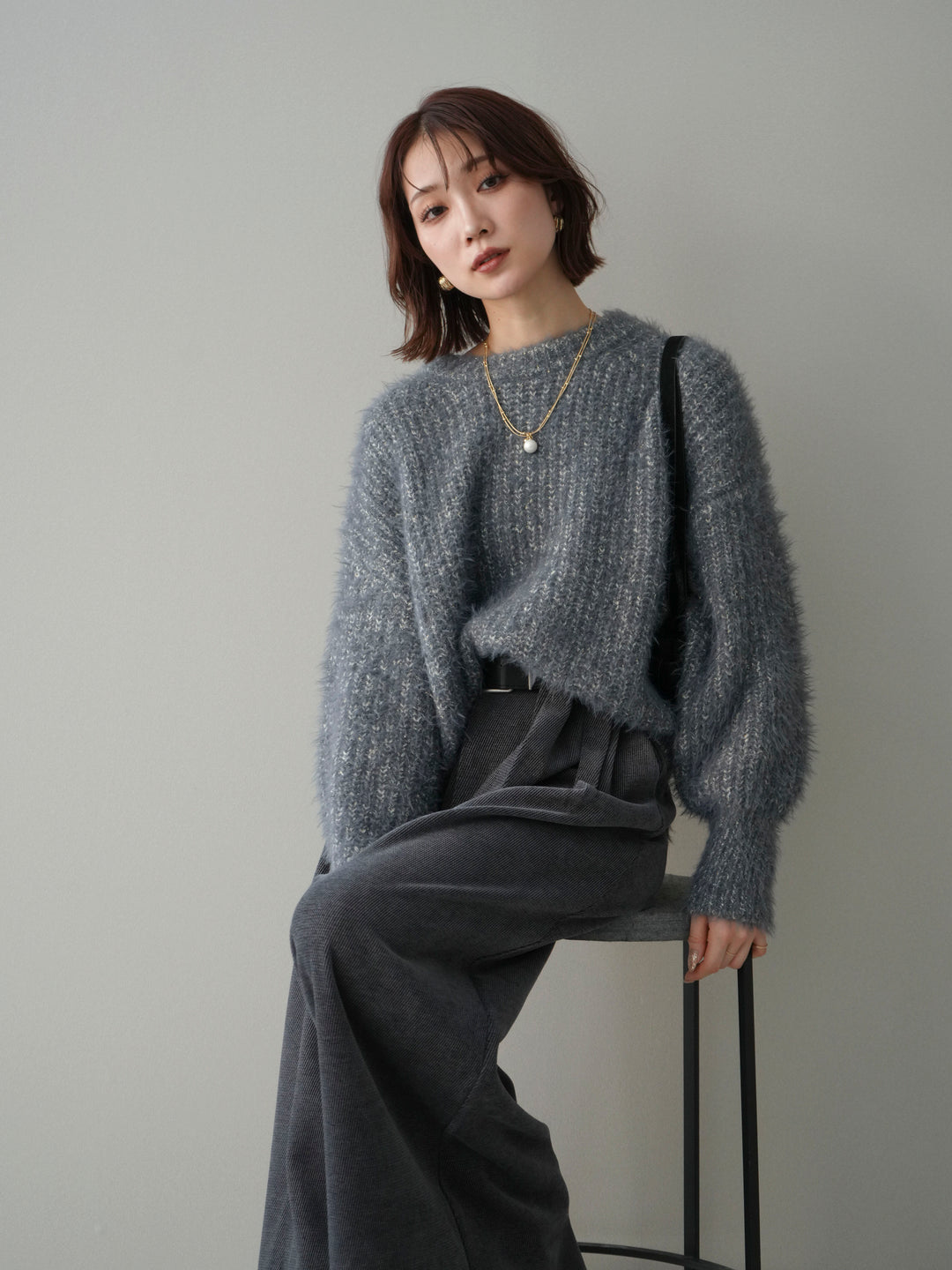 [SET]ボリュームスリーブシャギー MIXニットプルオーバー+ベルトデザインループコールテンワイドパンツ(ベルト付き)(2set)