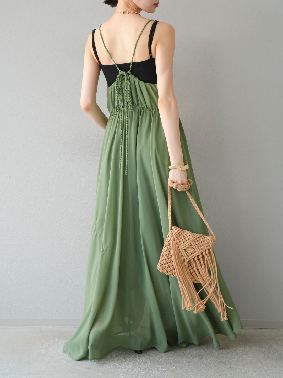 [SET]編み込みデザインシフォンワンピース+カップ付テレコリブベアキャミソール(2set)