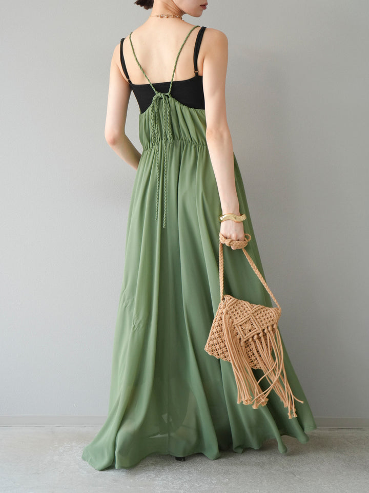 [SET]編み込みデザインシフォンワンピース+カップ付テレコリブベアキャミソール(2set)