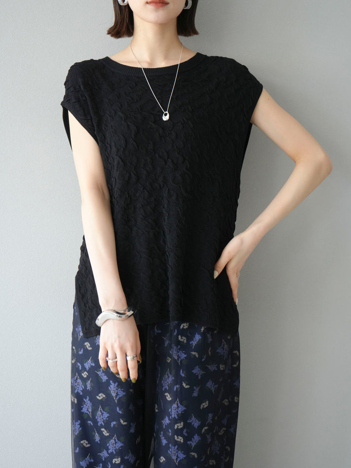 [SET]ポコポコノースリーブニットプルオーバー+コード刺繍チュールレイヤードパンツ(2set)