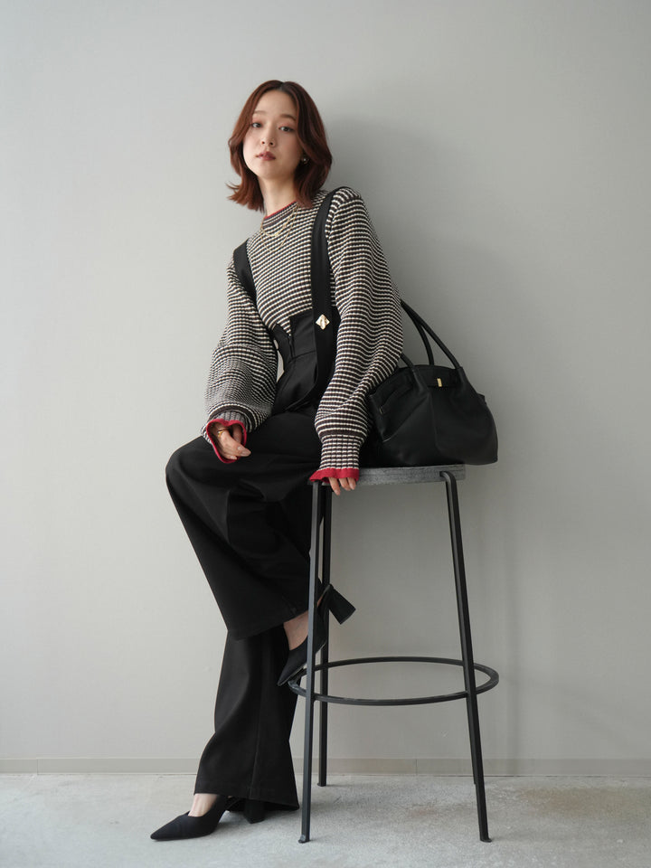 [SET]ラメ異素材ボーダーリブニットプルオーバー+ゴールドボタンサスペンダーワイドパンツ(2set)