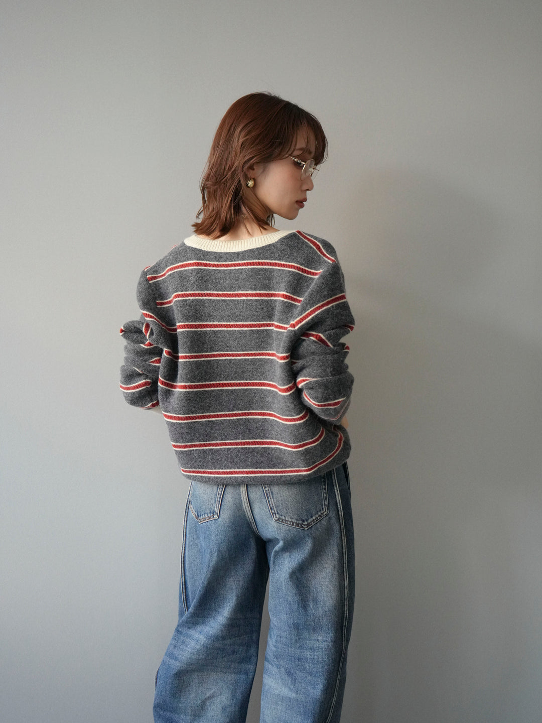 [予約]配色ボーダーニットカーディガン/gray