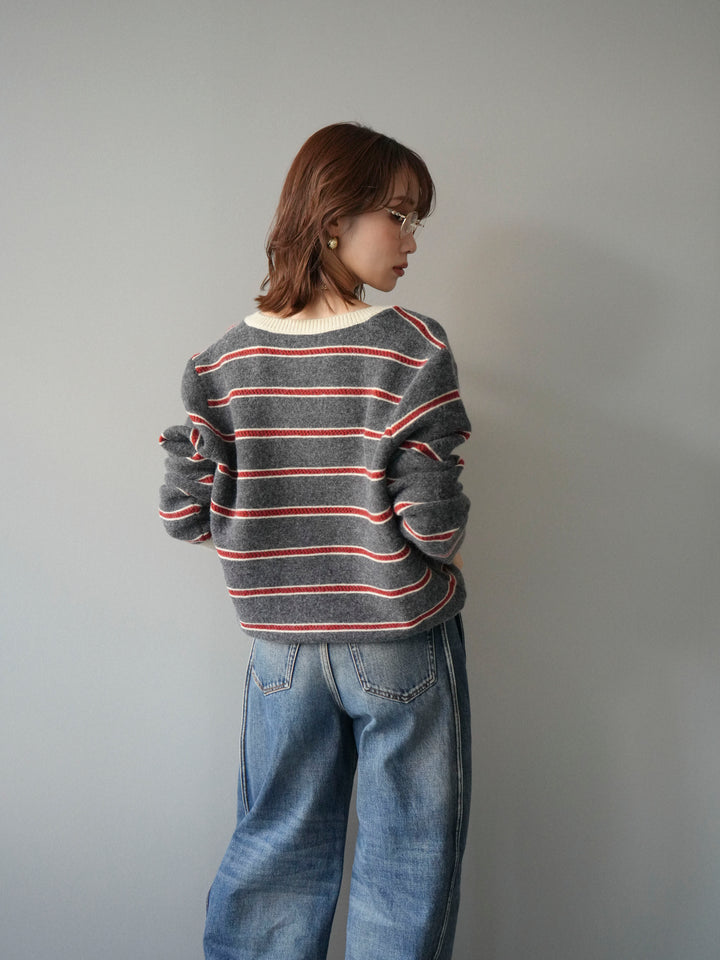 [予約]配色ボーダーニットカーディガン/gray