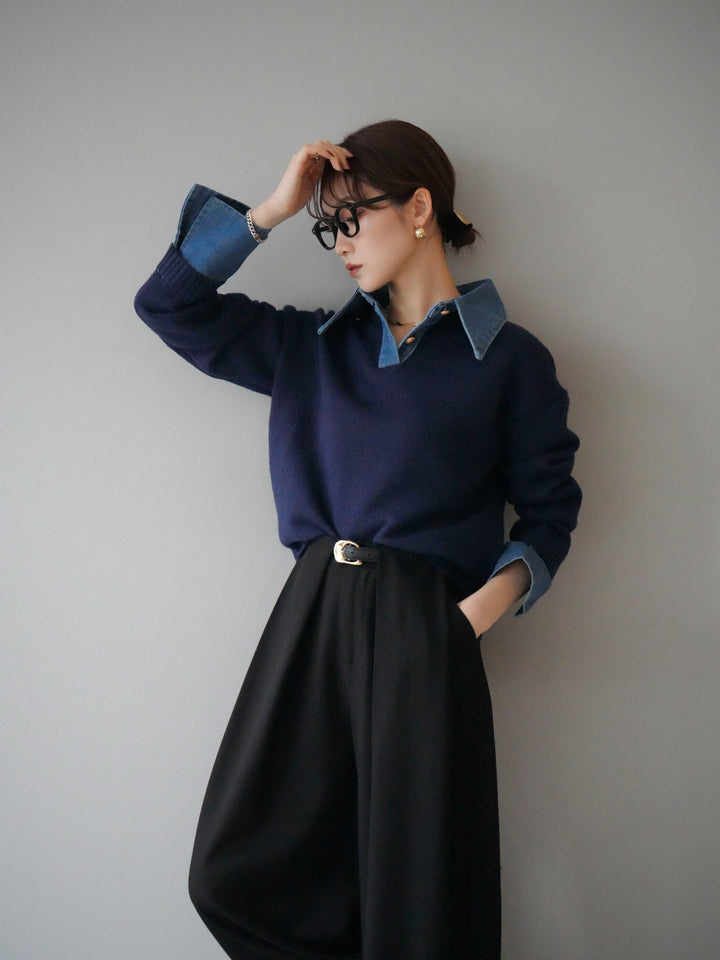 【預購】牛仔領polo針織套頭衫/藏青色