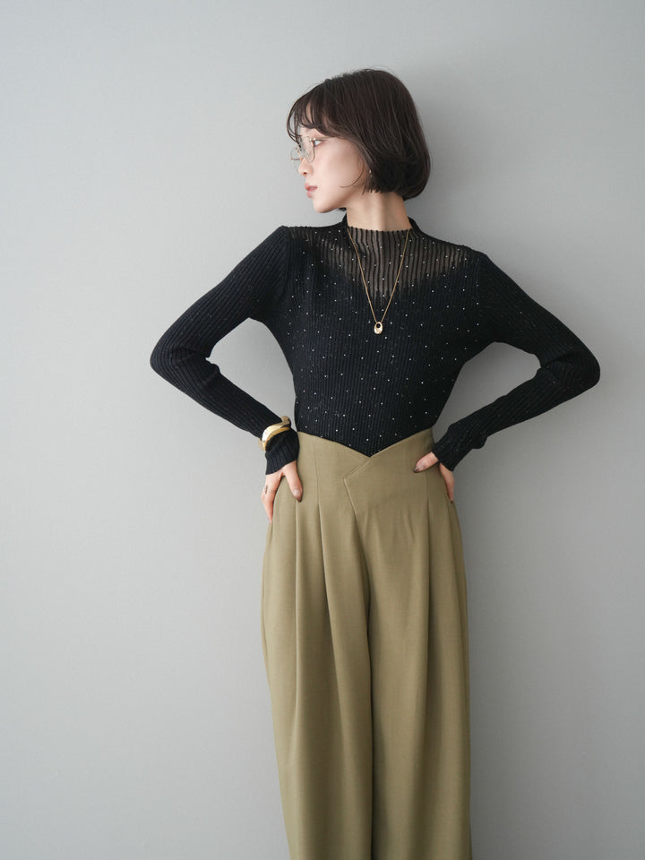 [予約]シアー切替スパンコールリブニットトップス/black