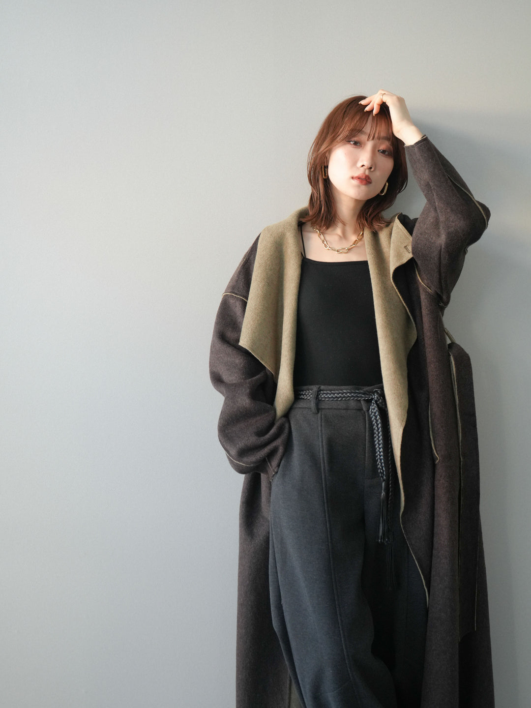 [予約]ダブルフェイスバイカラーロングコート/khaki