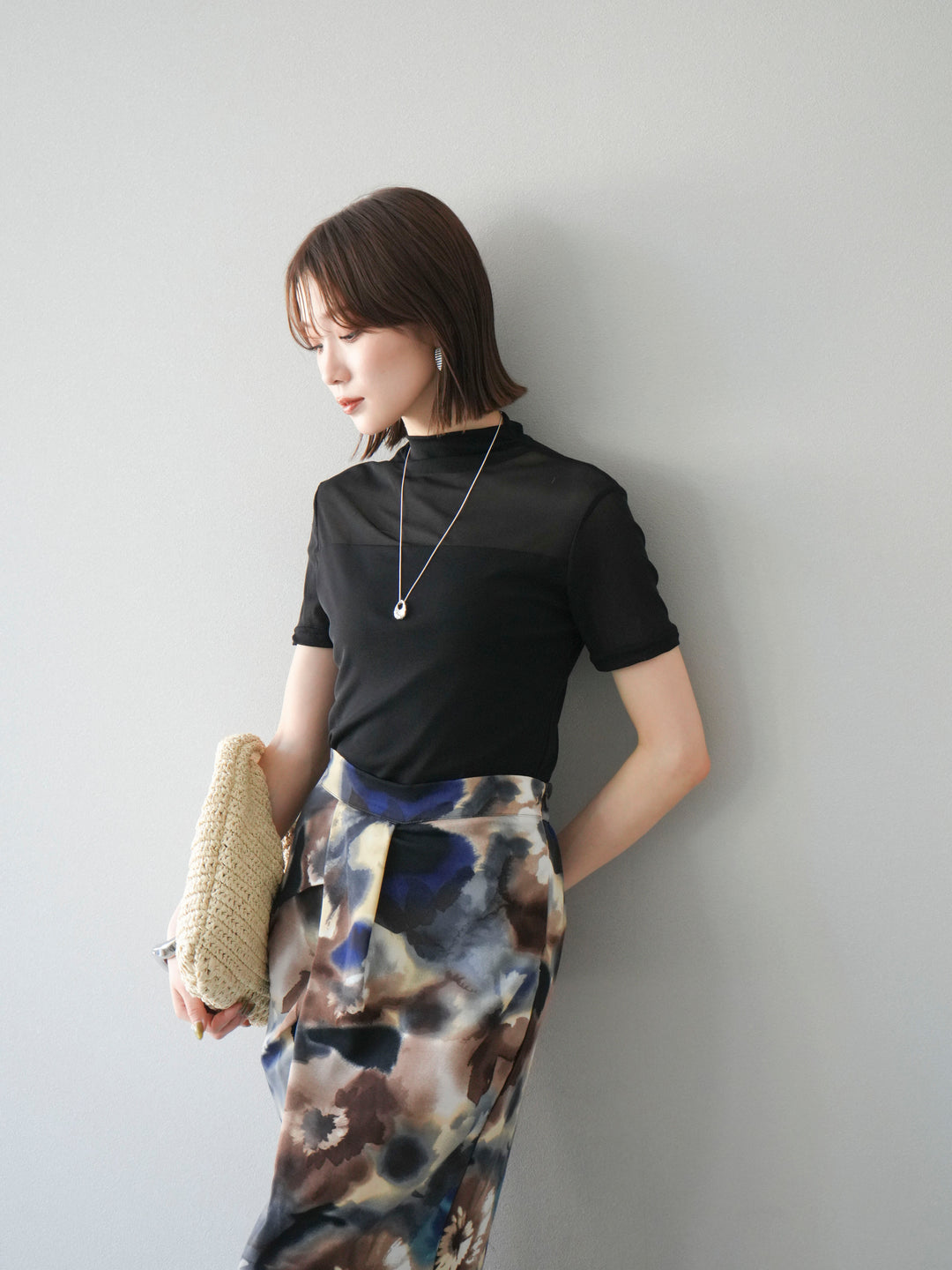 [SET] 透視半袖上衣 + 水彩印花褶襉I字裙 (2set)