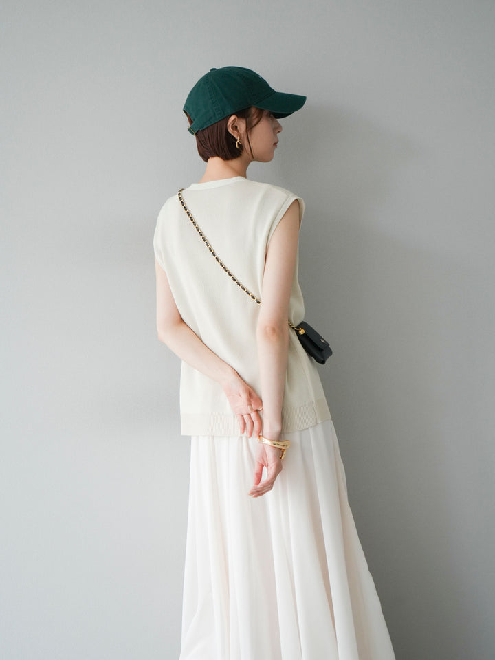 [SET] V領人造絲針織背心+雪紡喇叭裙（2件組）