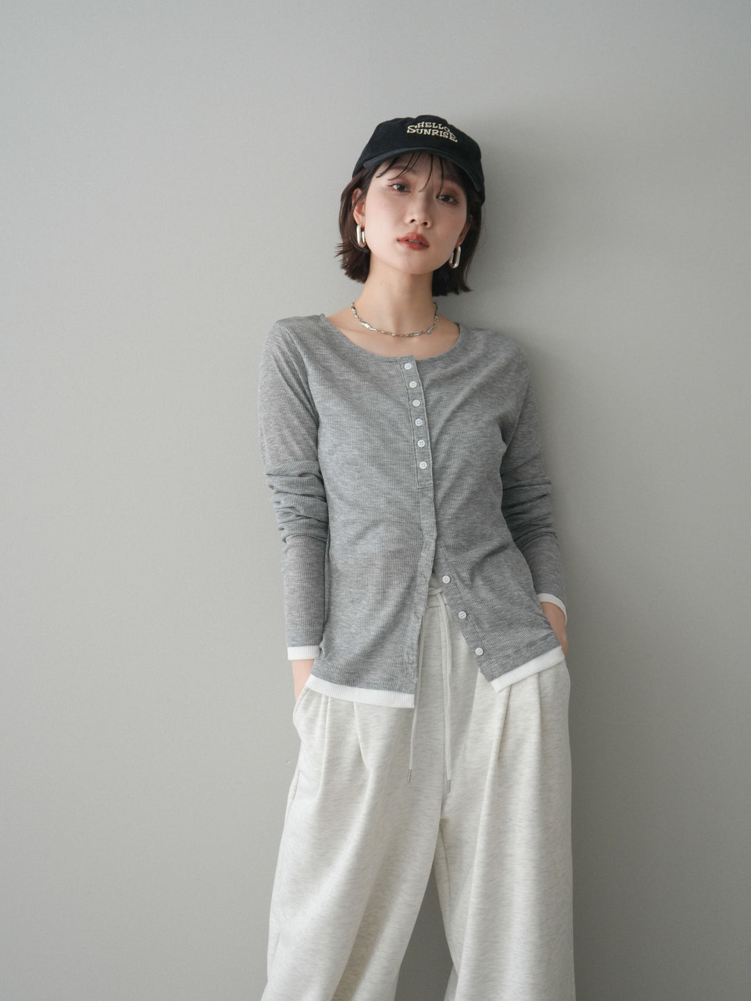 [予約]シアーリブバイカラーカーディガン/gray