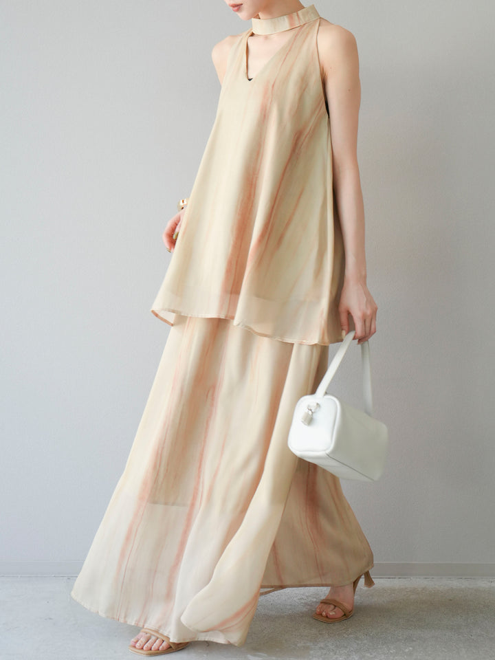 [SET] 細膩花紋V領襯衫＆喇叭裙（2套）