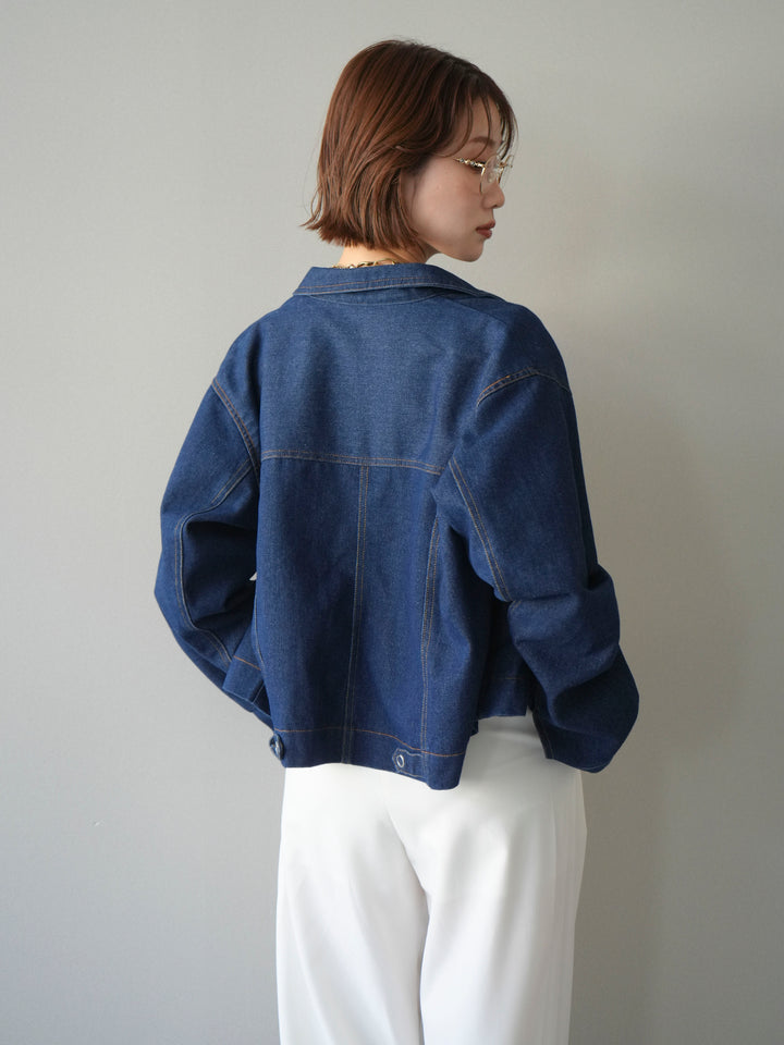 [SET]ラウンドカットコンパクトデニムジャケット+ドッグコンパクトTEE+アシンメトリーベルトタックワイドパンツ(3set)