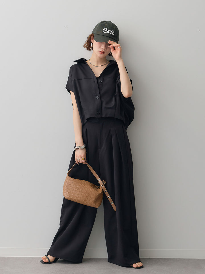 【套裝】縐綢燈籠無袖襯衫 + 縐綢闊腿褲（兩件套）