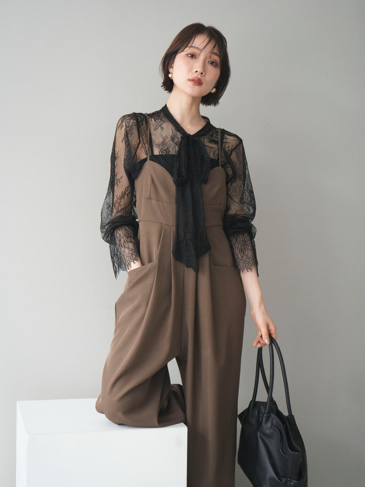 [SET]バックデザインサロペット+リバーレースボウタイトップス(2set)