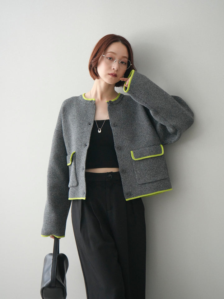 [SET]ポリエステル配色ニットカーディガン+ウエストレースタックワイドパンツ(2set)