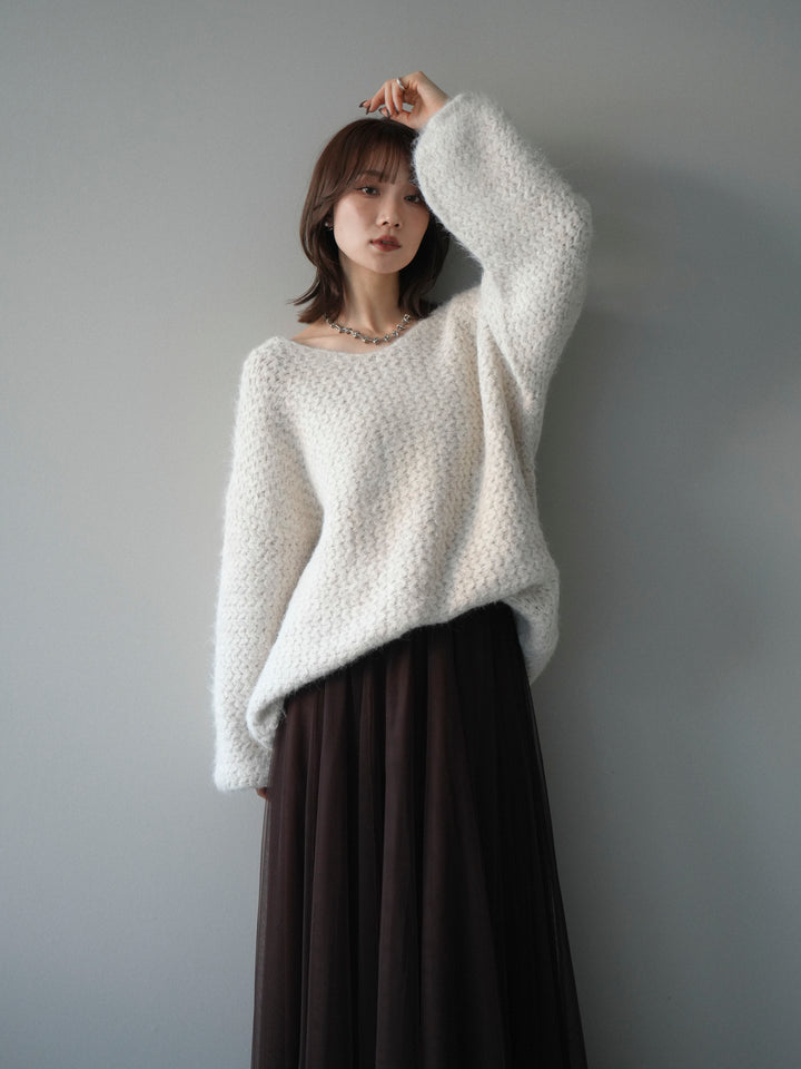 [予約]ウールタッチラメミックスヤーンVネックニットプルオーバー/ivory