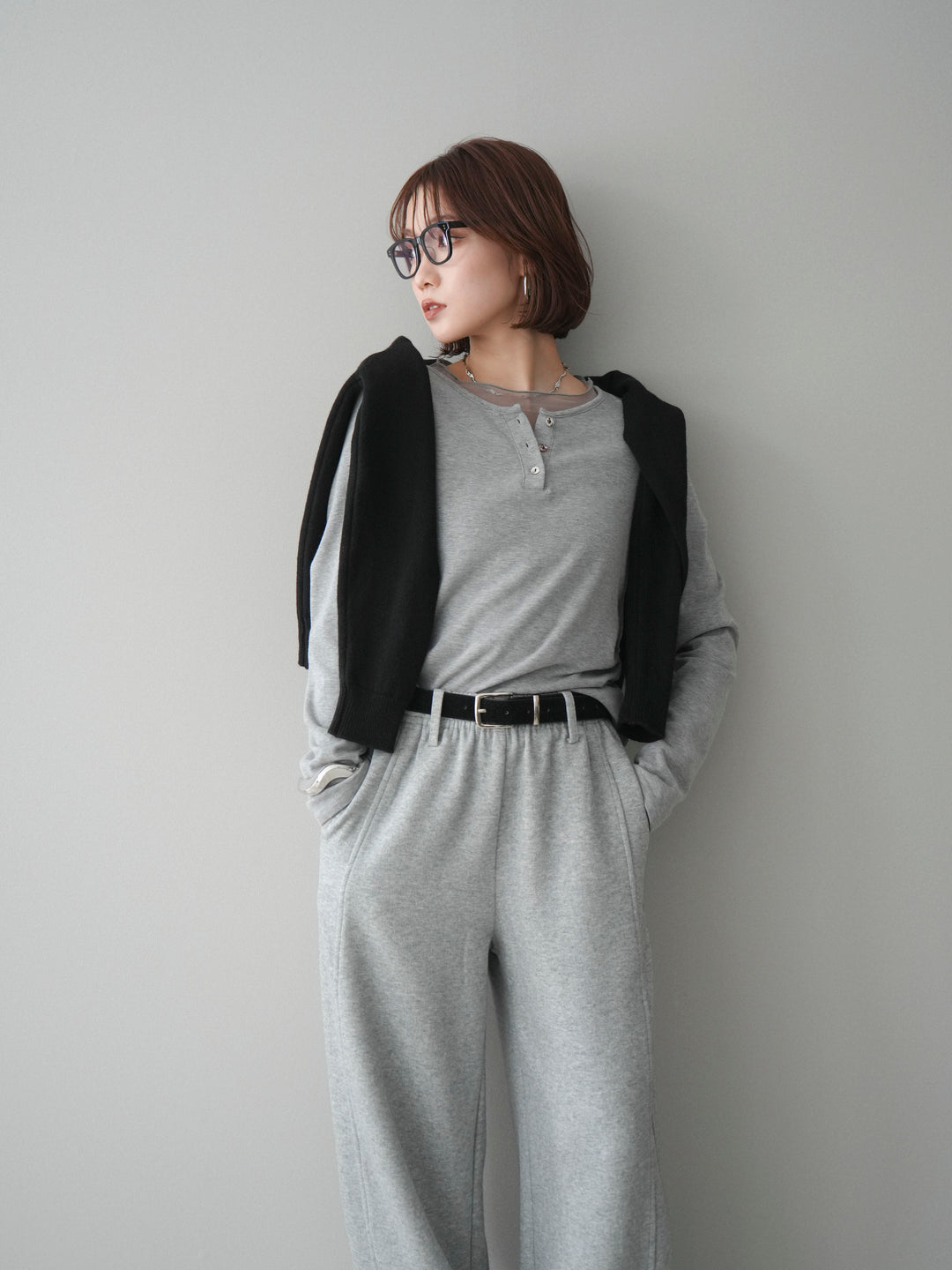 [予約]チュールレイヤードヘンリーネックカットソー/gray