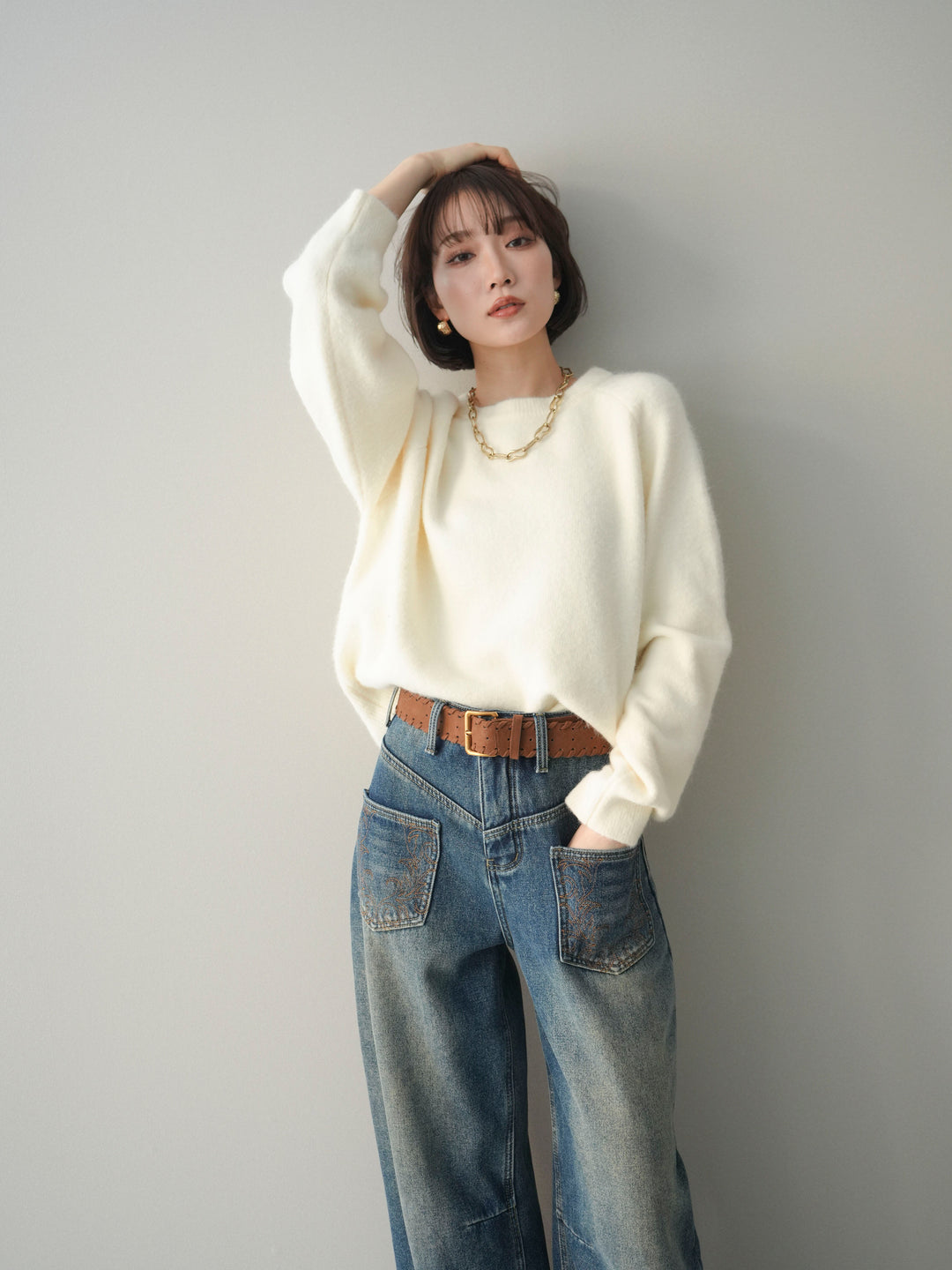 [予約]クルーネックモチモチニットプルオーバー/white