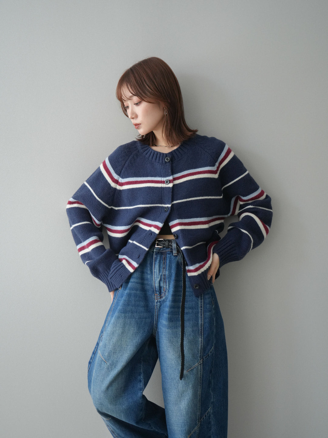 [予約]ランダムボーダーニットカーディガン/navy