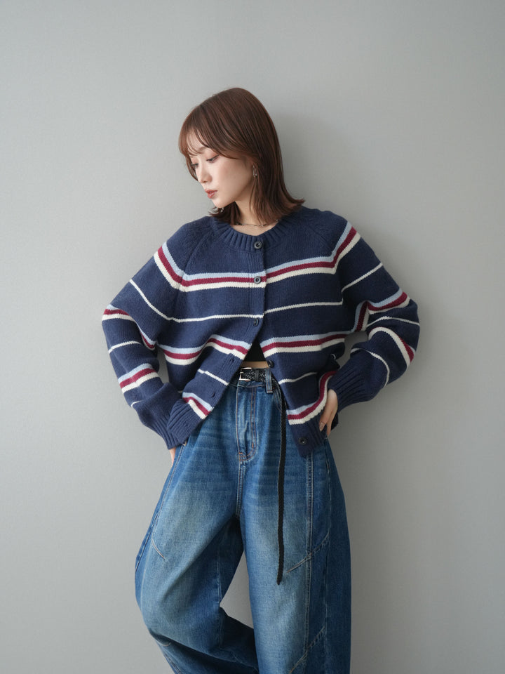 [予約]ランダムボーダーニットカーディガン/navy