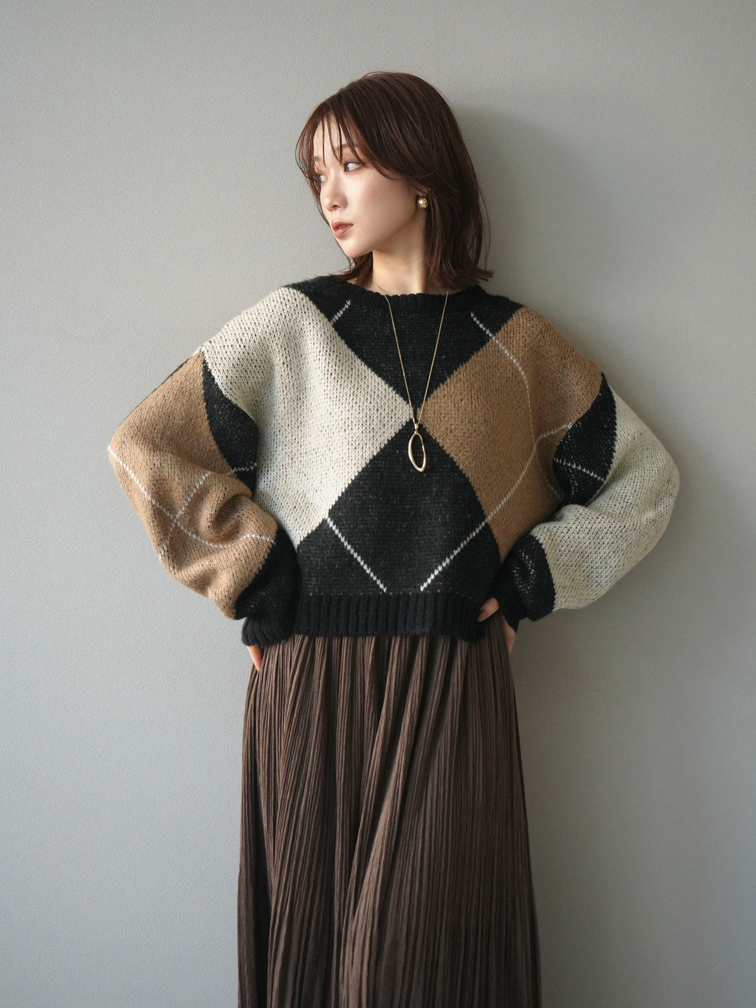 [SET]配色ステッチアーガイル柄ニットプルオーバー+配色ステッチアーガイル柄ニットプルオーバー(2set)