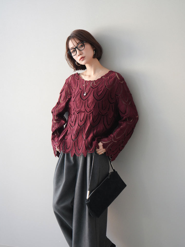 [予約]透かしコードレースブラウス/bordeaux